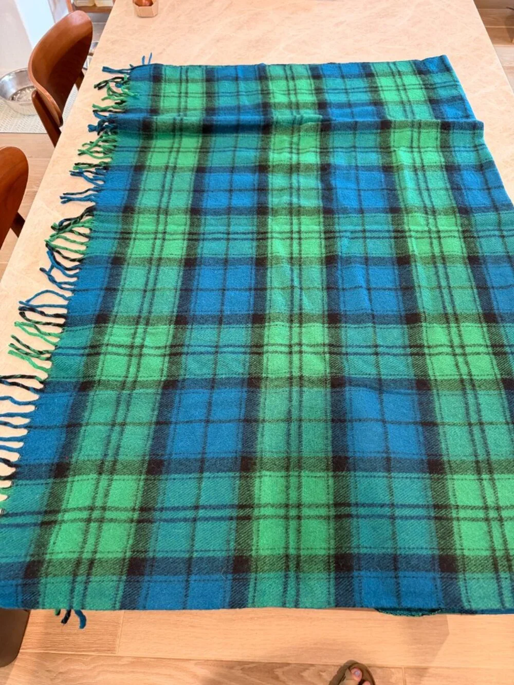 Vintage Faribo Black Watch Plaid Wool Blend Throw Blanket Fringe 70x52 USA